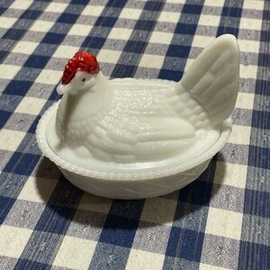 Milk Glass Hen on Nest Covered Dish with Red Comb - Westmoreland